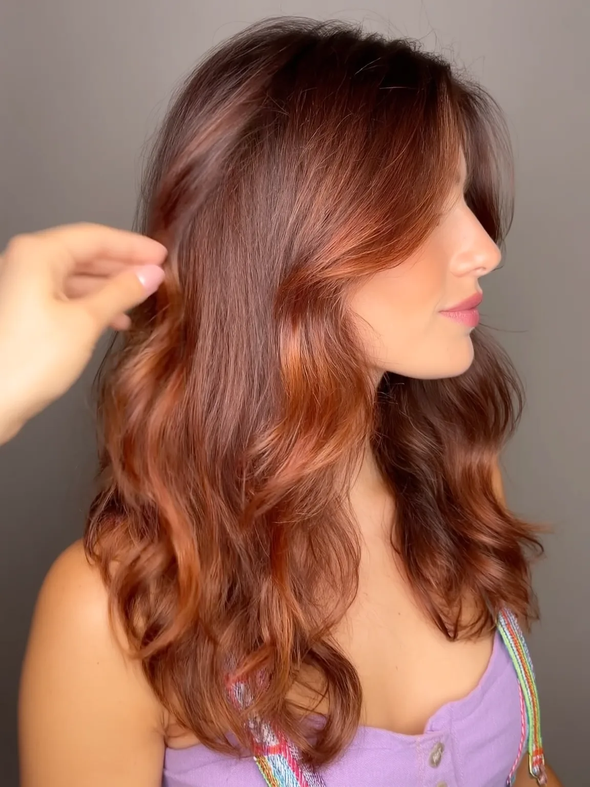 Copper Chestnut Balayage Layered Waves with Side-Swept Bangs